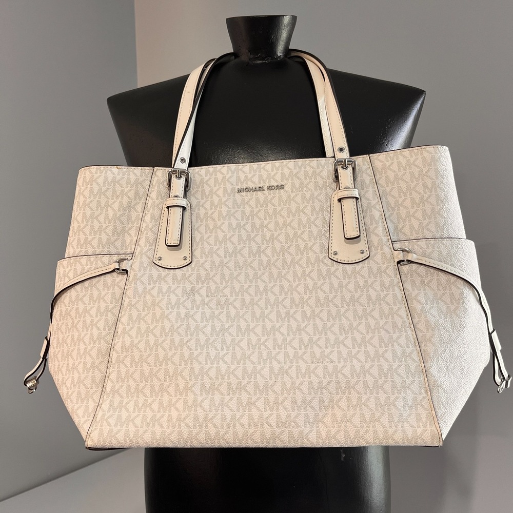 Michael Kors Voeyager Large EW Tote White Shoulder Bag Laptop MK Logo Pockets